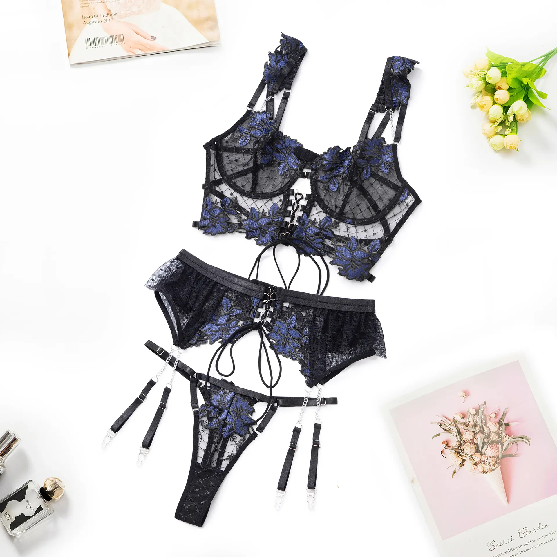 Mesh Flower Thin Embroidery Bra Set - Sapphire Blue