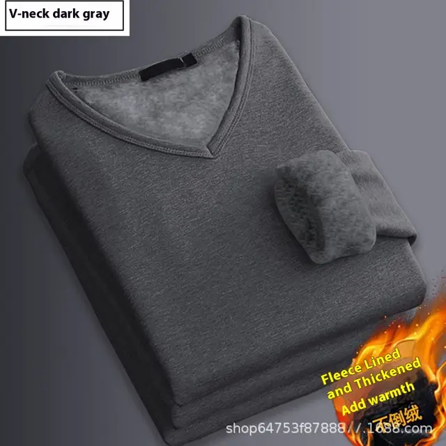 Business Thermal Underwear Autumn And Winter Solid Color Men's Undershirt V Neck Dark Gray With Velvet - Shop at LoveMi