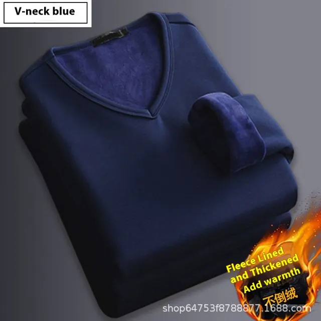 Business Thermal Underwear Autumn And Winter Solid Color Men's Undershirt V Neck Navy Blue With Velvet - Shop at LoveMi
