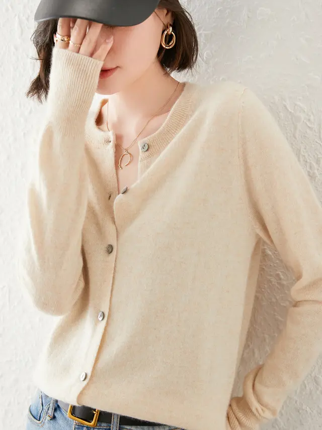 Knitted Pure Wool Round Neck Plain Sweater Beige Apricot - Shop at LoveMi