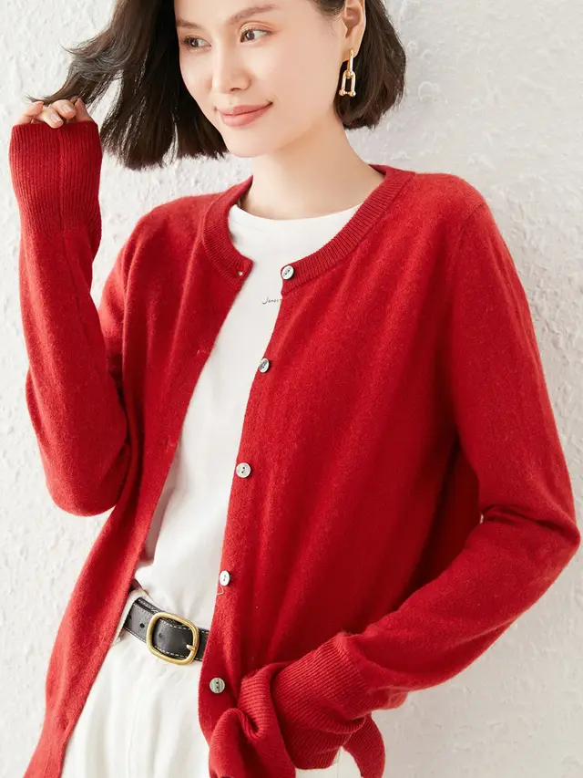 Knitted Pure Wool Round Neck Plain Sweater Cherry Red - Shop at LoveMi