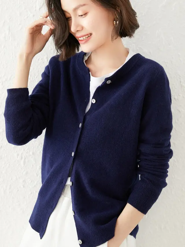 Knitted Pure Wool Round Neck Plain Sweater Dark Blue - Shop at LoveMi
