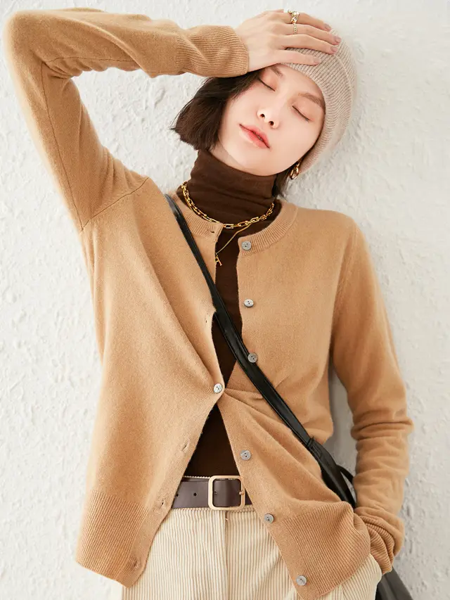 Knitted Pure Wool Round Neck Plain Sweater Yellow Camel - Shop at LoveMi