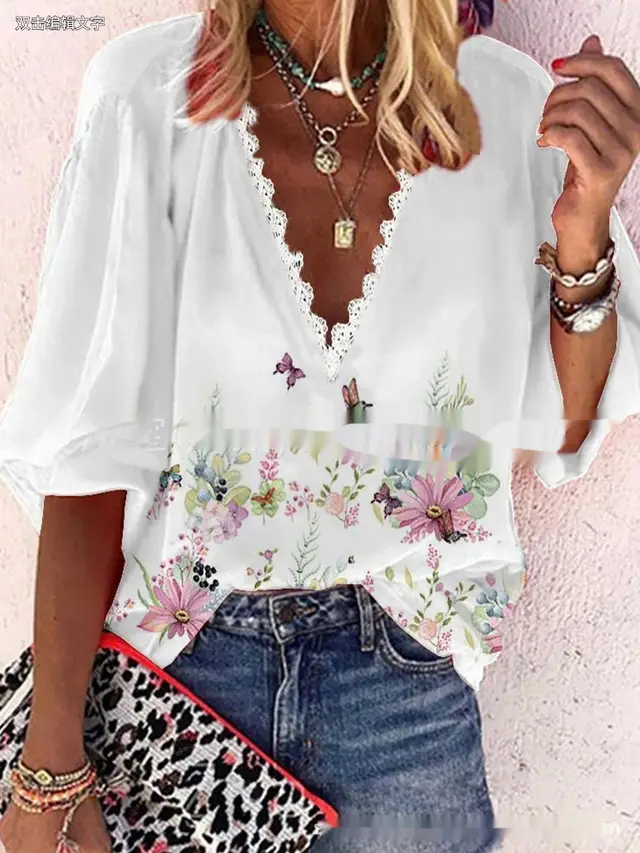 V neck Half Sleeves Lace Printed Loose Top White - Shop at LoveMi