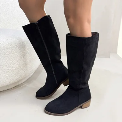 Chunky Heel Small Slim Suede Over The Knee Side Zipper Boots Black - Shop at LoveMi
