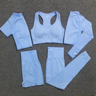 Small Dots Jacquard Seamless Ninth Pants Fitness Body Shaping Pants Five piece Set Light Blue - Shop at LoveMi