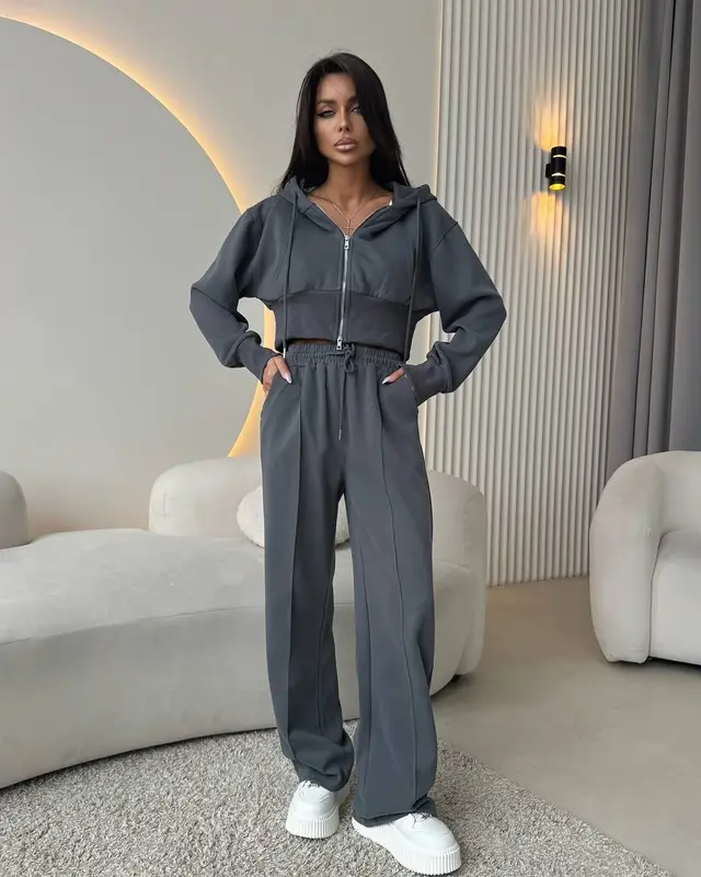 Cinched Hoodie Sweater Casual Cotton Suit Dark Gray - Shop at LoveMi