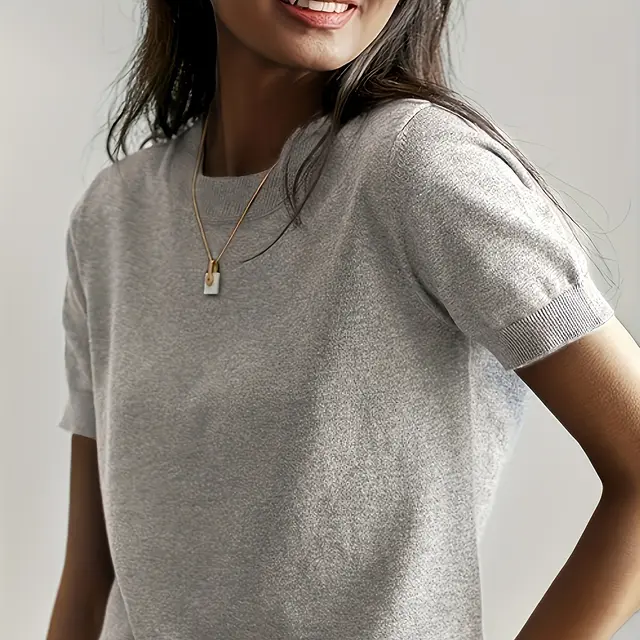 Round Neck Short Sleeve Thin Loose Casual Women's Sweater Light Gray - Shop at LoveMi