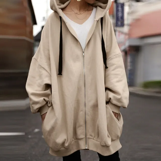 Women's Solid Color European And American Loose Sweater Fashion Hooded Zipper Apricot - Shop at LoveMi
