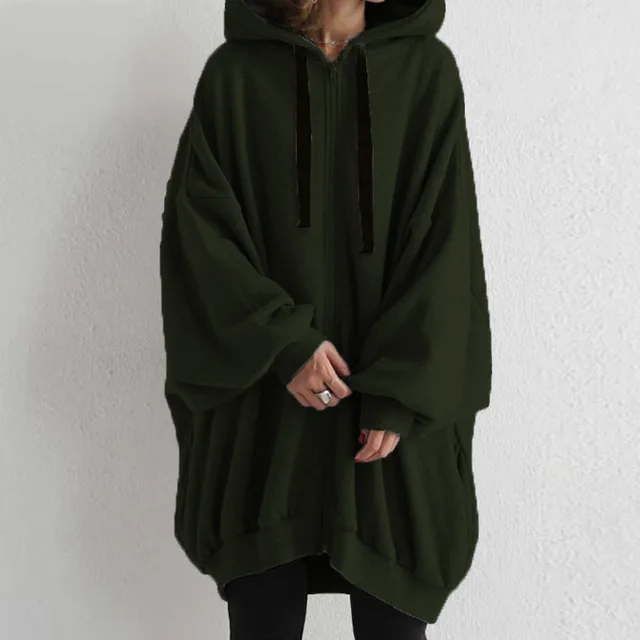 Women's Solid Color European And American Loose Sweater Fashion Hooded Zipper Army Green - Shop at LoveMi