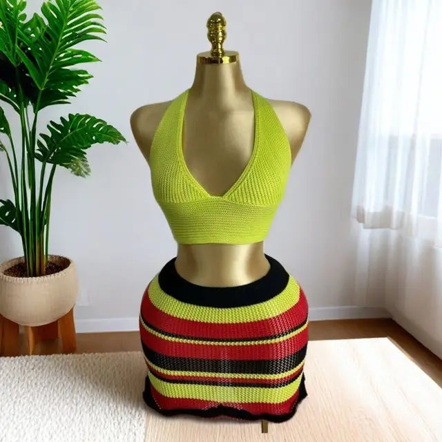 Summer New Knitted Sunken Stripe Vest Solid Color Sleeveless Suit Green - Shop at LoveMi