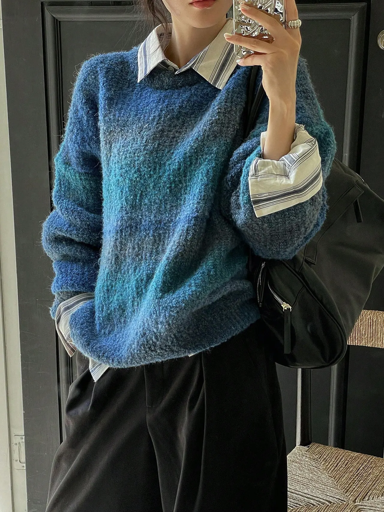 Lazy Sweater Female Gradient Color Round Neck Loose Outer Wear Soft Glutinous - Blue