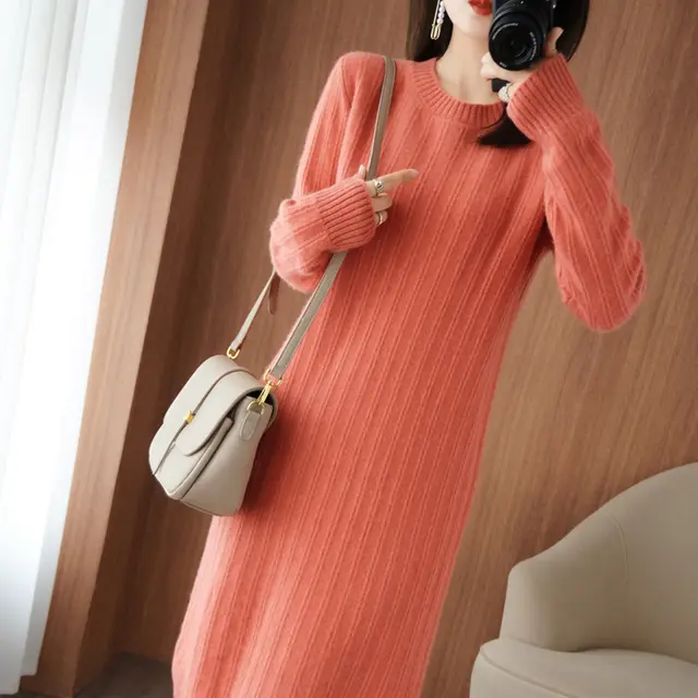 Mid length Women's Round Neck Autumn And Winter Dress Over The Knee Thick Knitted Watermelon Red - Shop at LoveMi