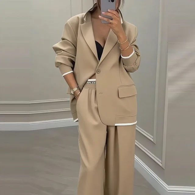 Women's Temperament Long Sleeve Jacket Casual Wide leg Pants Suit Khaki - Shop at LoveMi