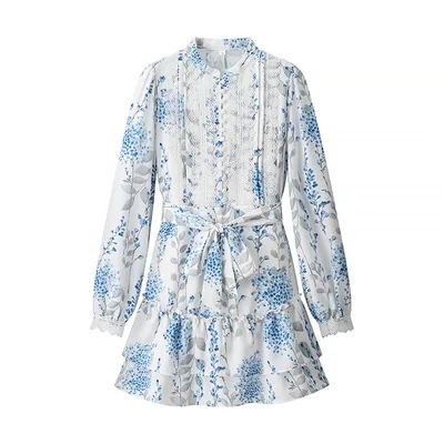 Blue And White Printed Stand Collar Puff Sleeve Long Sleeve Ruffled Dress - Shop at LoveMi