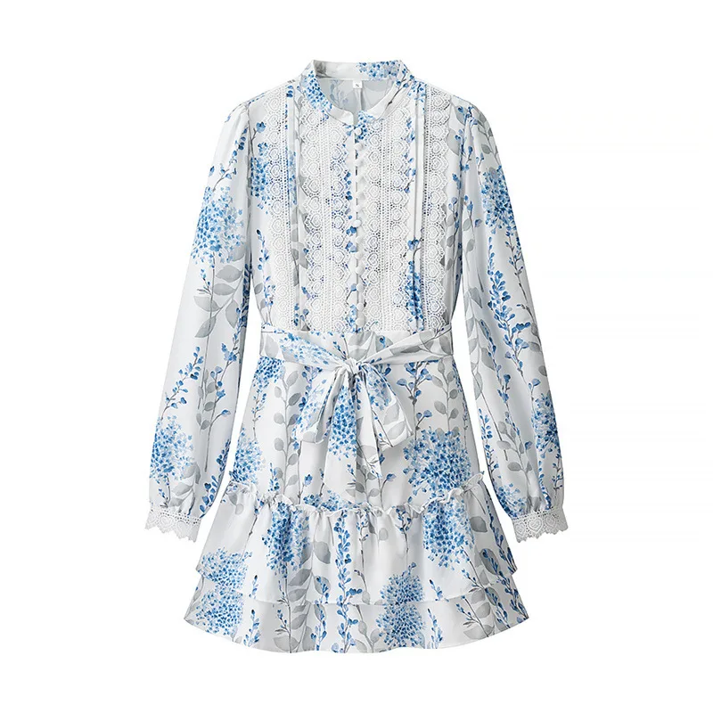 Blue And White Printed Stand Collar Puff Sleeve Long Sleeve Ruffled Dress - View 1
