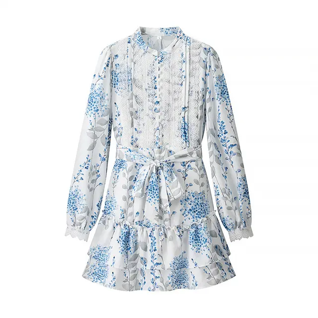 Blue And White Printed Stand Collar Puff Sleeve Long Sleeve Ruffled Dress - Shop at LoveMi