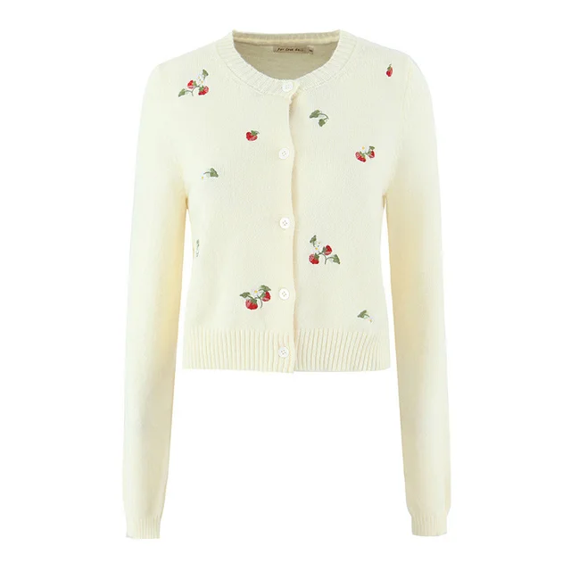 Simple Sweet Cherry Embroidered Knitted Cardigan Yellow - Shop at LoveMi