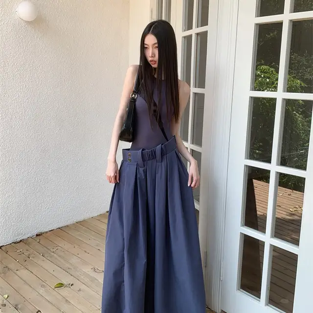 Long Patchwork Women's Fashionable Elegant Dress Blue - Shop at LoveMi