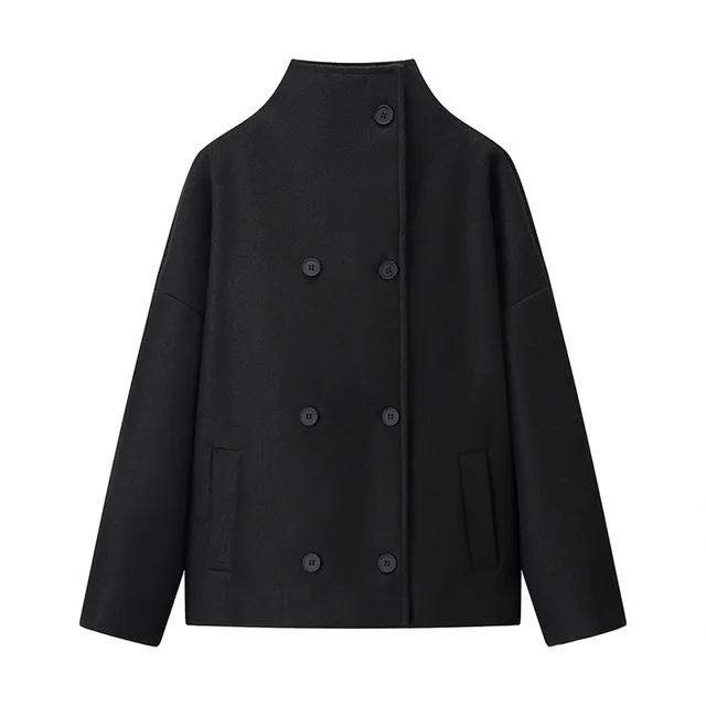 Short Stand Collar Breasted Woolen Coat Black - Shop at LoveMi
