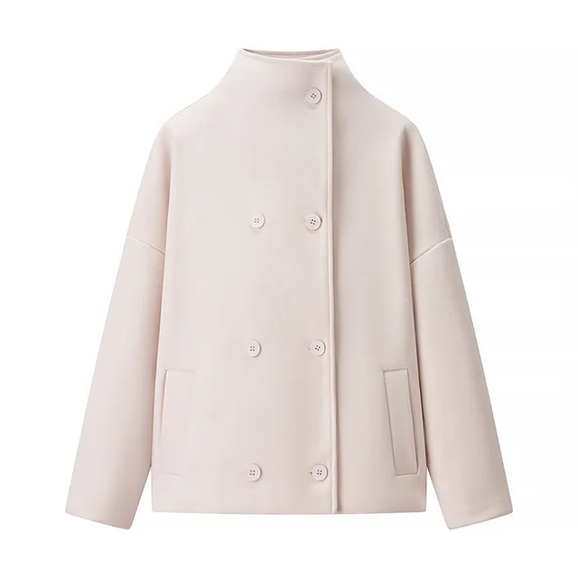 Short Stand Collar Breasted Woolen Coat Lotus Root Color - Shop at LoveMi