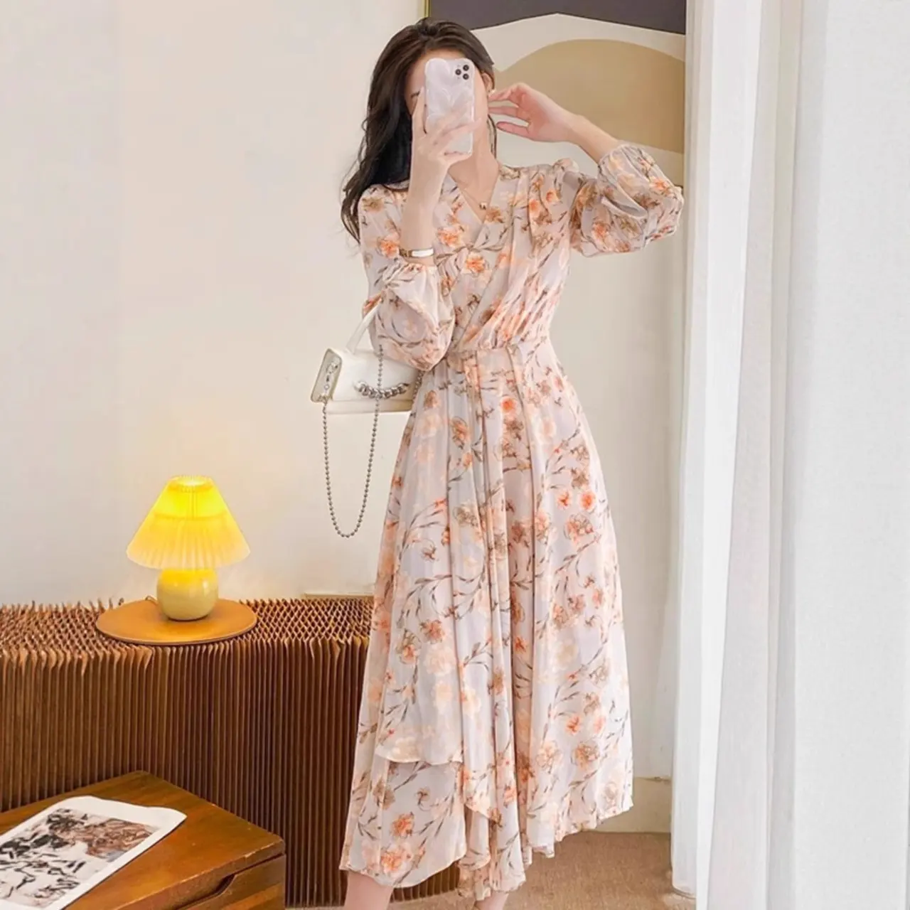 Temperament Long Sleeve V-neck French Chiffon Floral Dress - View 1
