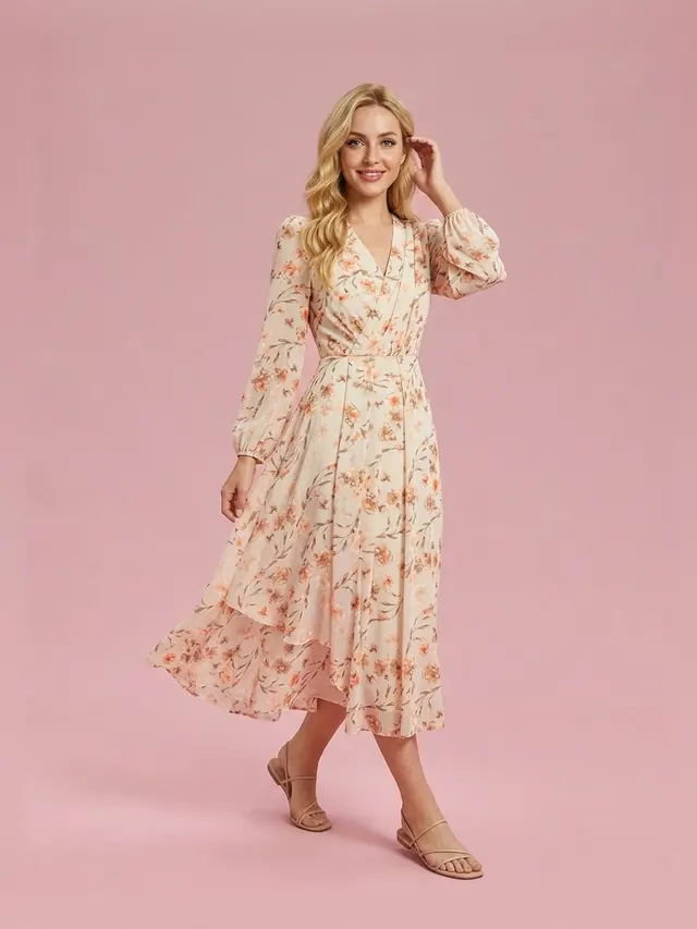 Long Puff Sleeve V Neck Chiffon Dress in Midi Length Floral - Shop at LoveMi