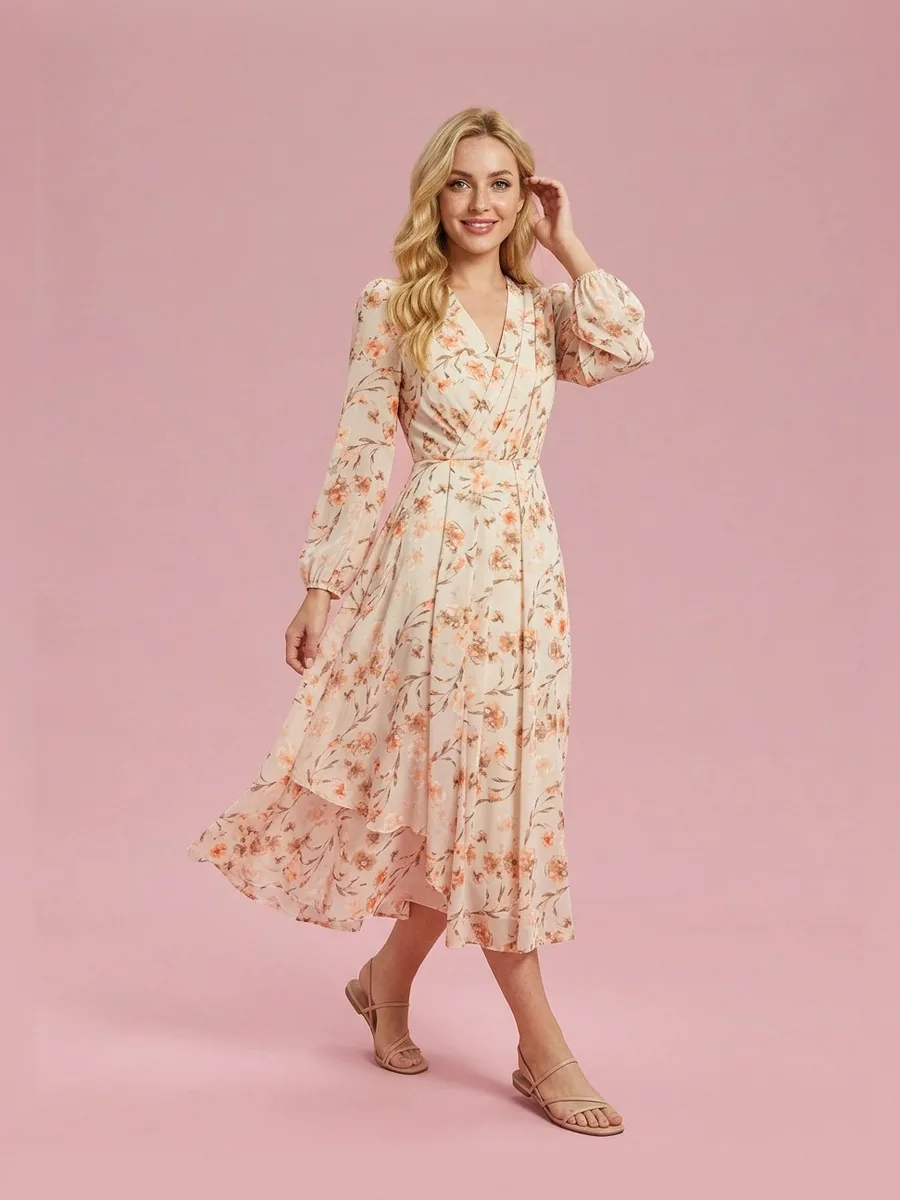 Long Puff Sleeve V-Neck Chiffon Dress in Midi Length - Floral
