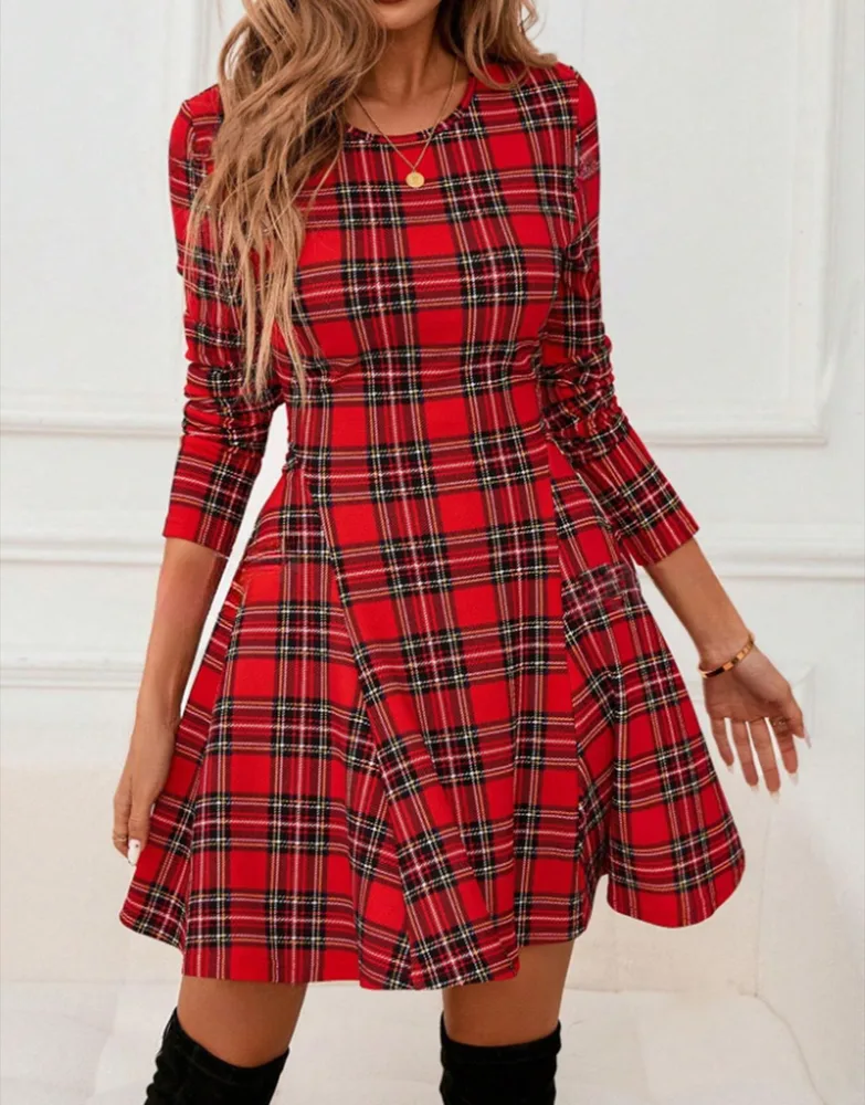 Artistic Vintage Women's Clothing Popular Plaid Slim Fit Dress - Red