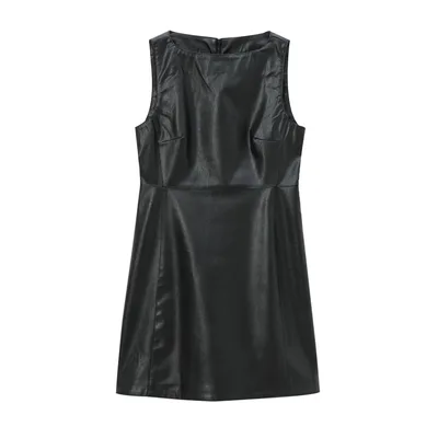 Women's Leather Skirt Fashion Casual Solid Color Sleeveless Off neck Dress Black - Shop at LoveMi