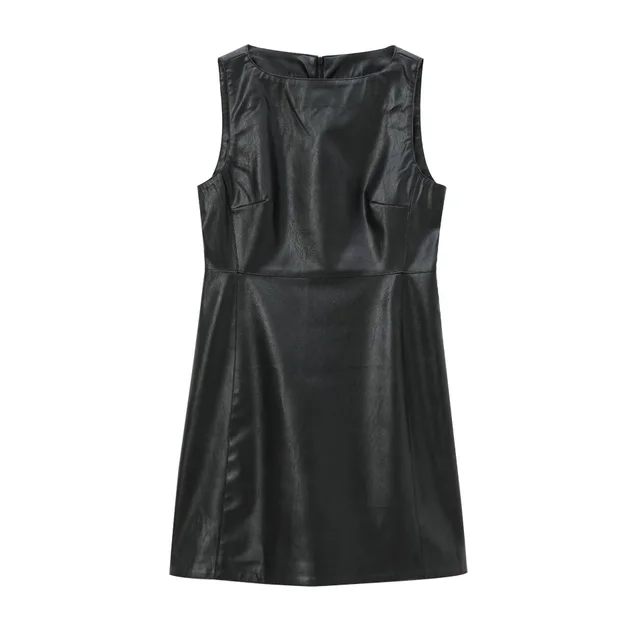 Women's Leather Skirt Fashion Casual Solid Color Sleeveless Off neck Dress Black - Shop at LoveMi