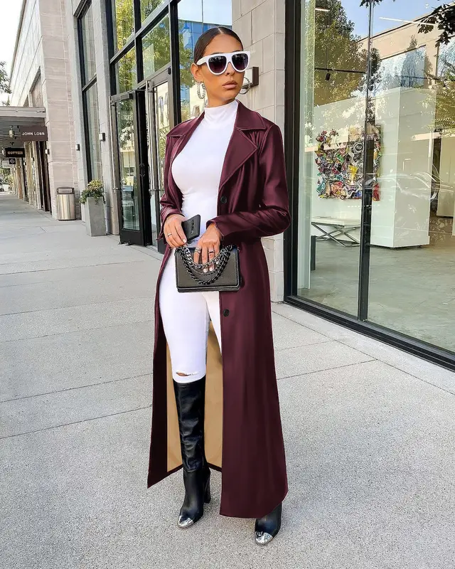Lapel Button Street All match Warm And Trendy Long Leather Coat Wine Red - Shop at LoveMi