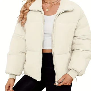Women's Lightweight Quilted Down Jacket Casual Long Sleeve - Beige