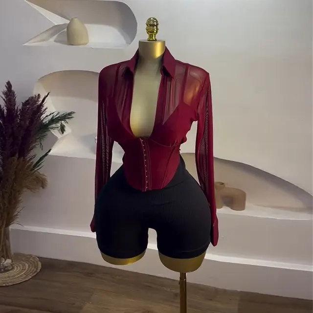 Lapel And Waist Tight Short Long Sleeve Shirt Top Wine Red - Shop at LoveMi
