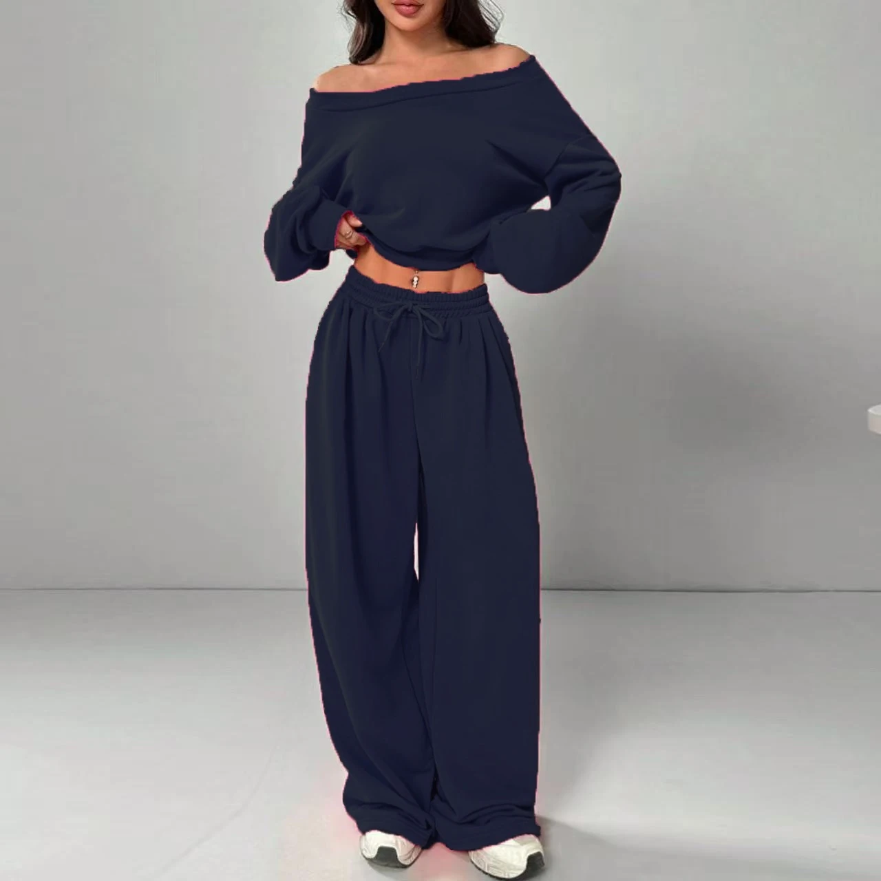 Women's Fashion Slim-fit Off-the-shoulder Navel Solid Color Casual Pants Suit - Dark Blue