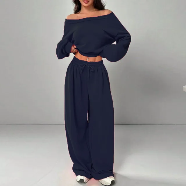 Women's Fashion Slim fit Off the shoulder Navel Solid Color Casual Pants Suit Dark Blue - Shop at LoveMi