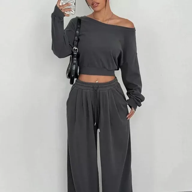 Women's Fashion Slim fit Off the shoulder Navel Solid Color Casual Pants Suit Dark Gray - Shop at LoveMi