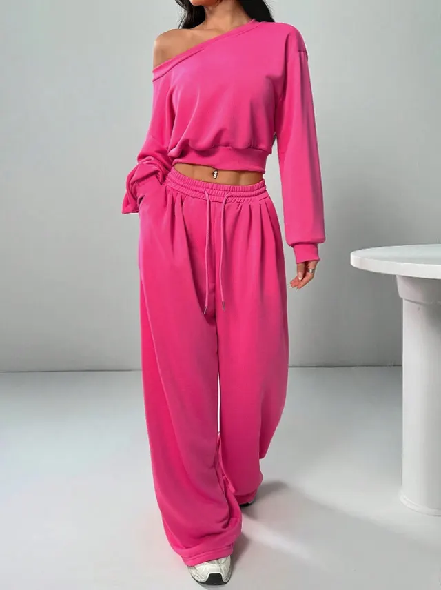 Women's Fashion Slim fit Off the shoulder Navel Solid Color Casual Pants Suit Rose Red - Shop at LoveMi