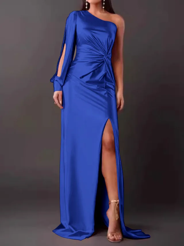 Women's Diagonal Collar Raglan Sleeve Pleated Waist Tight Split Sexy Long Dress Sky Blue - Shop at LoveMi