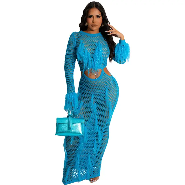 European And American Women's Clothing Knitted Hollow Tassel Midriff Outfit Beach Dress Blue - Shop at LoveMi