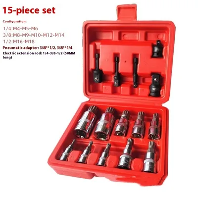 Screwdriver Sleeves Fast M type Outer Plum Blossom 12 Angle Bit 15 Piece Set Red Box - Shop at LoveMi
