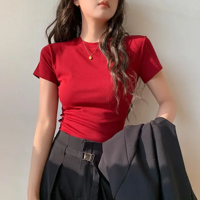 Korean Style Solid Color Shoulder Slim Temperament Casual Short sleeved Top Women Red - Shop at LoveMi