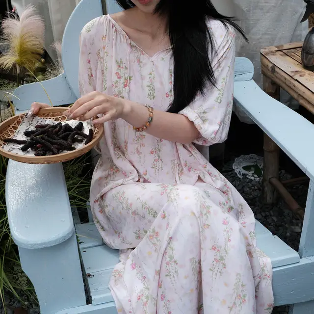 Women's Summer Casual Thin Artificial Cotton Dress Rose Flower Wall - Shop at LoveMi