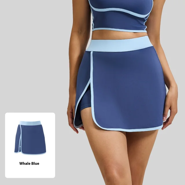Linear Anti exposure Built in Pocket Fitness Yoga Fake Two piece Skirts Sweet Whale Blue - Shop at LoveMi