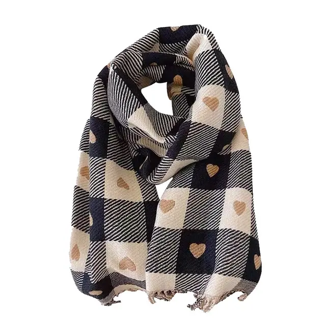 Artificial Cashmere Scarf Female With Hearts Thick Checks Fringe Bib Black - Shop at LoveMi