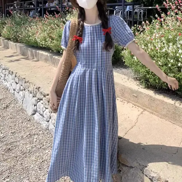 New Style Retro Pastoral Style Mori Style Small Dress Blue Plaid - Shop at LoveMi