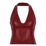 Women's Solid Color And V-neck Leather Halter Back Zipper Vest - Red