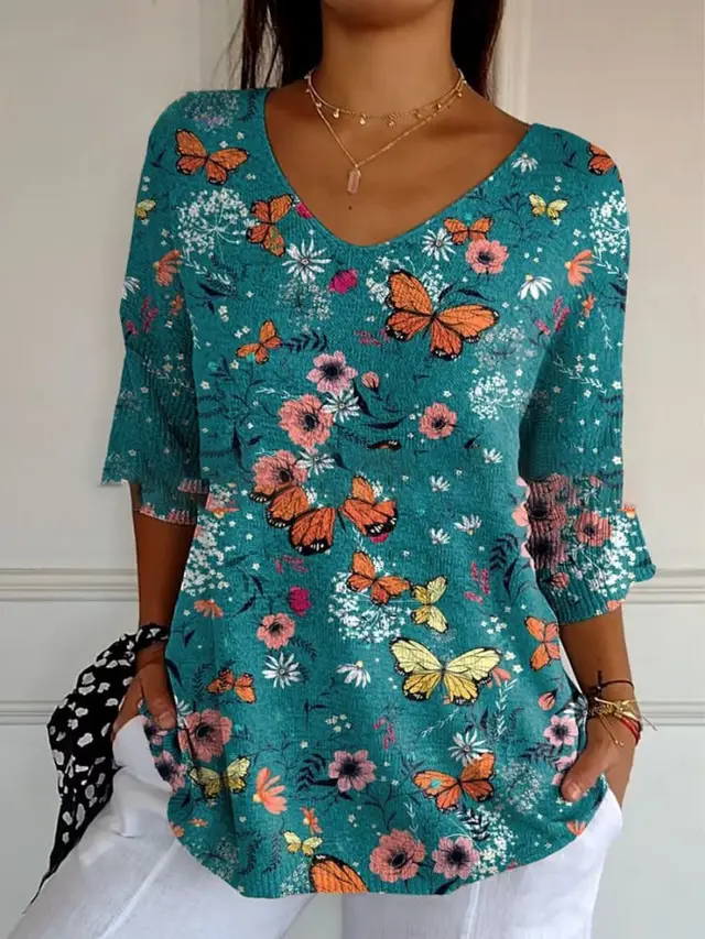 Floral 3d Printed Women's V neck T shirt Printed Round Neck Short Sleeve Style5 - Shop at LoveMi