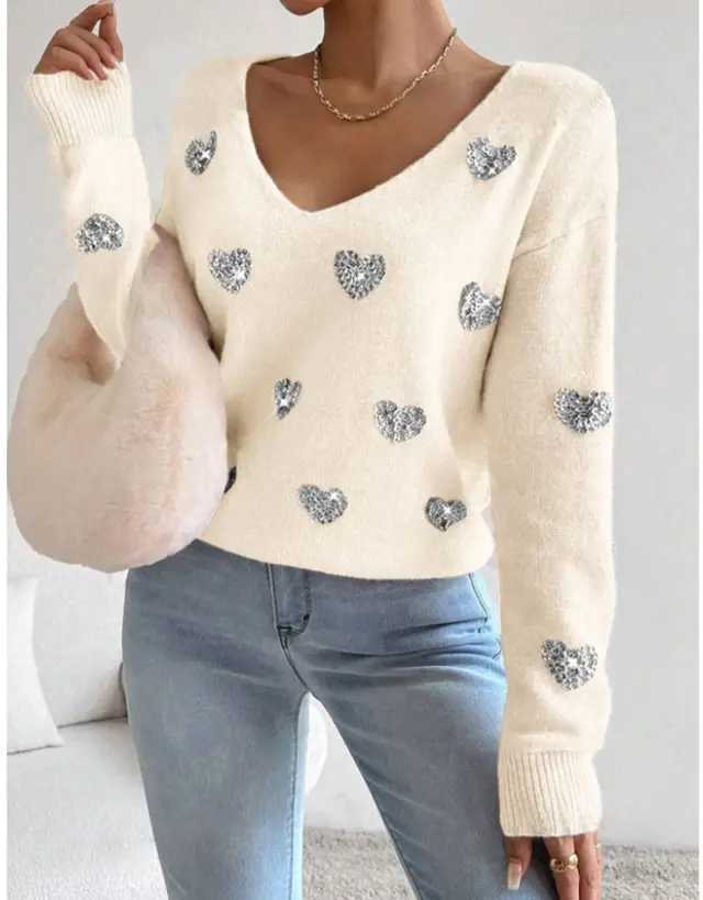 Embroidered V neck Pullover Sweater Women's Top Apricot - Shop at LoveMi