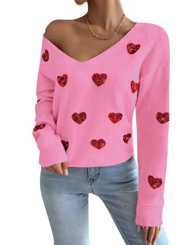 Embroidered V neck Pullover Sweater Women's Top Rose Red - Shop at LoveMi